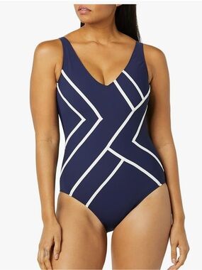 Gottex Women's Swimsuit Mirage V Neck One Piece Navy Blue White NWT size 14